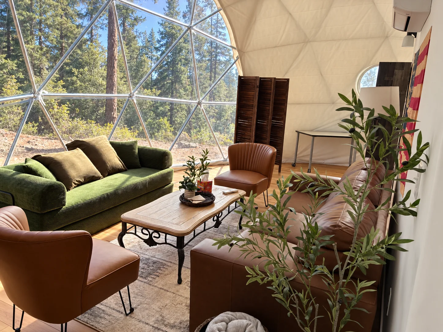 Living area with a floor-to-ceiling forest view